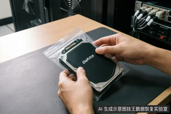 双手正拿取装在透明防静电袋中的黑色监控硬盘,背景可见服务器机柜及连接线缆。画面展示了在机房环境下对存储介质进行物理检查或准备处理的状态。