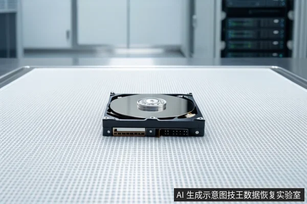 白色防静电桌面上平放一块打开外壳的机械硬盘,可见盘片、主轴和磁头臂,背景为模糊的服务器机柜。