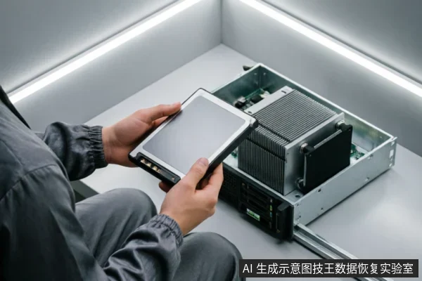 一名身穿灰色工作服的技术人员手持平板电脑,正在对放置在金属滑轨上的服务器级存储设备进行硬件检测。画面展示了专业实验室环境下的设备评估与只读状态检查场景,体现了数据恢复中保护原始介质的操作过程。