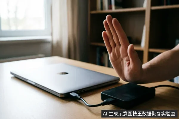 一只手掌在连接着移动硬盘的笔记本电脑前做出明确的停止手势,示意切断电源或禁止操作。画面直观表达了在硬盘出现异常时立即断电、停止通电与扫描的核心原则,符合数据恢复场景中保护原始介质的安全警示要求。
