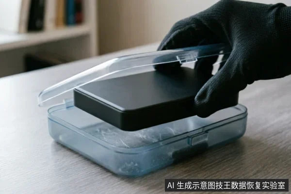 一只戴着黑色防静电手套的手正将一块黑色的移动硬盘放入半透明的蓝色塑料收纳盒中，准备盖上透明盖子。画面展示了故障硬盘的隔离存放动作，体现了数据保护与物理介质的安全处理原则。
