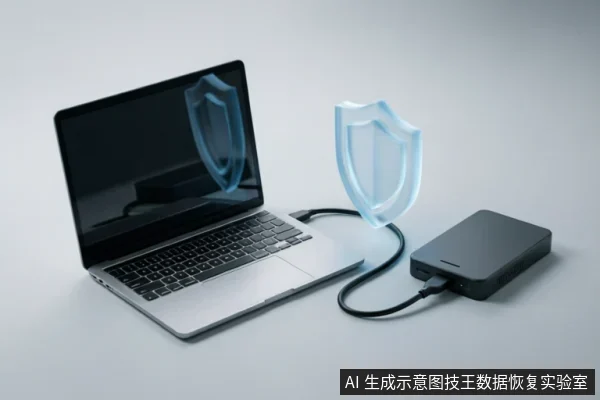一台银色笔记本电脑通过数据线连接黑色移动硬盘,两者之间悬浮着一个发光的蓝色盾牌图标,象征数据备份过程中的安全防护与加密保护。