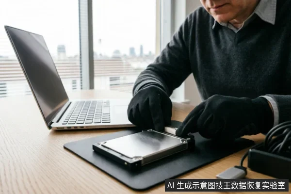 一名佩戴黑色防静电手套的技术人员正在木质桌面上操作一块裸露的机械硬盘,将其连接至转接设备。旁边放置有一台笔记本电脑和USB数据线,背景为明亮的窗户,展示了数据恢复或硬件检测的专业操作场景。