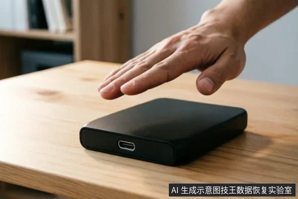 一只悬停在黑色移动硬盘上方的手,示意停止触碰或插拔操作。硬盘静置于木质桌面上,侧面可见USB接口。画面直观传达了在硬盘故障时保持设备静止、避免进一步物理干扰的紧急处理原则。