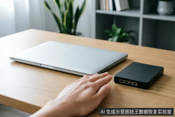 一只手掌放置在木质办公桌上,旁边是一台闭合的银色笔记本电脑和一个黑色的外接硬盘盒。背景模糊可见绿植与书架,展示了数据恢复检测前核对设备物理连接状态与观察运行环境的场景。