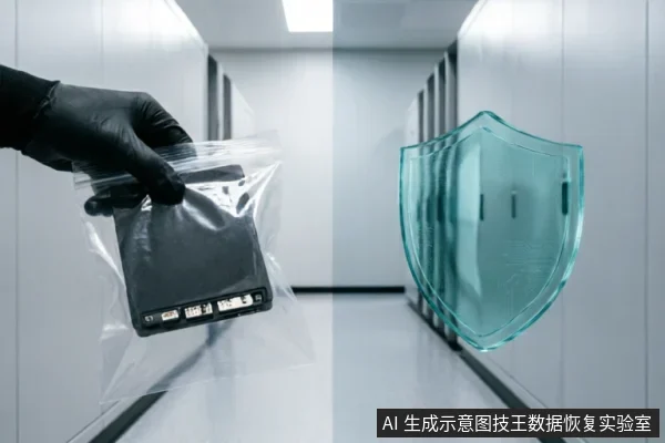 一只戴着黑色手套的手在服务器机房走廊中拿着装有硬盘的透明密封袋,右侧悬浮着一个半透明的青色数字盾牌图标,象征对存储介质的隔离保护与安全防御。