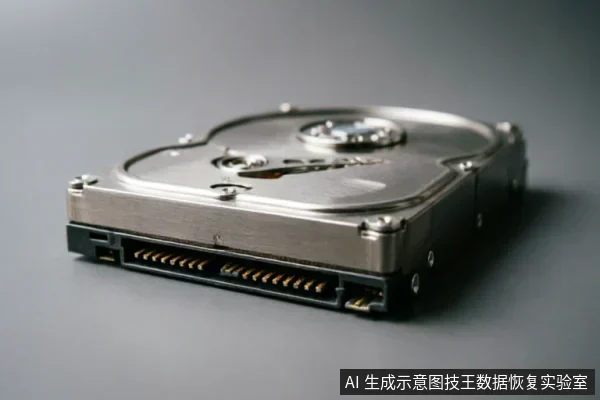 一张特写照片,展示了一个放置在灰色背景上的银色机械硬盘。画面聚焦于硬盘底部的SATA数据与电源接口金手指,金属外壳细节清晰,无文字标识。