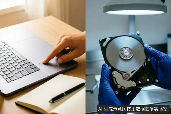 左图展示手指按压笔记本电脑触控板，象征用户操作设备；右图展示戴蓝色防静电手套的专业人员手持已拆解的机械硬盘，在专业灯光下进行检查。画面直观对比了普通用户场景与专业数据恢复环境。
