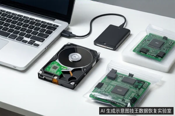 白色桌面上，左侧是一台银色笔记本电脑，中间平放一块打开外壳的机械硬盘，右侧放置一个黑色移动硬盘和两块装在防静电袋中的绿色电路板。