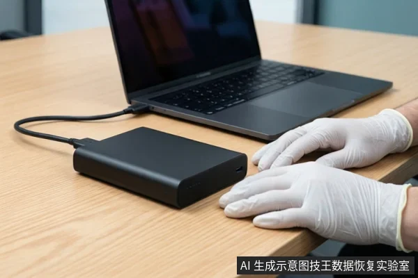 木质桌面上,一个黑色移动硬盘通过线缆连接至一台笔记本电脑。右侧一双戴白色手套的手平放在桌面上,背景为模糊的窗户。