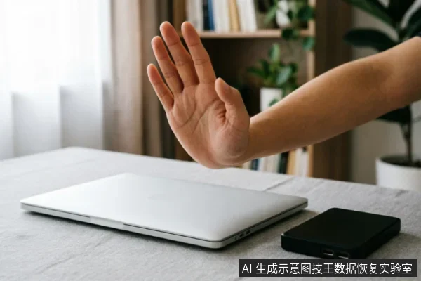 一只手掌在闭合的银色笔记本电脑和黑色移动硬盘前做出“停止”手势,示意在存储设备无法识别时应立即停止操作并断开连接。