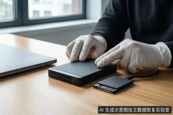 木质桌面上,一双戴白色手套的手正按压一个黑色移动硬盘,旁边平放一块裸露的固态硬盘(SSD)并连接着线缆,左侧是一台笔记本电脑。