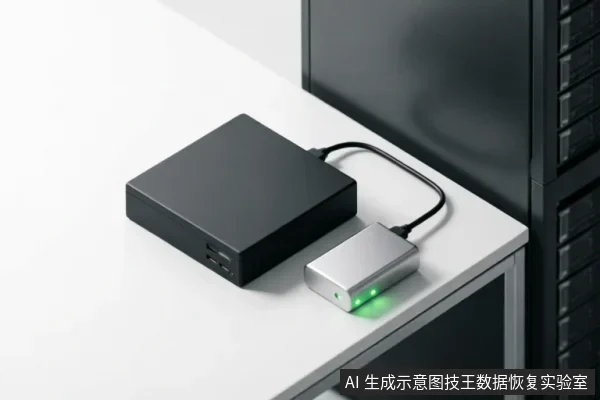 白色桌面上放置着一个黑色硬盘盒,通过数据线连接至一个银色金属写保护器。写保护器上的绿色指示灯亮起,表明设备已处于稳定的只读状态,背景可见服务器机柜,符合数据恢复前的硬件安全环境。