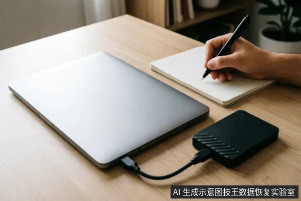 木质桌面上，一台银色笔记本电脑通过数据线连接着黑色移动硬盘盒，旁边一只手正握笔在记事本上记录信息，展示了数据恢复检测或评估时的记录场景。