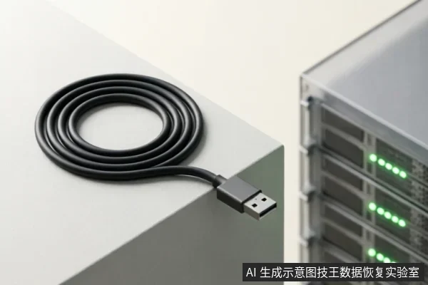 一根黑色的USB数据线盘绕在白色台面上,接口端悬空于边缘,右侧背景为带有绿色指示灯的服务器机架设备。
