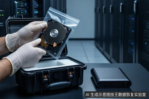 数据中心机房内,深色台面上放着一个打开的黑色防震箱,箱内可见白色泡沫。一双戴白手套的手正握持一个透明自封袋,袋内装有一块打开外壳的机械硬盘。右侧平放一个闭合的黑色硬盘盒。背景是模糊的服务器机柜。
