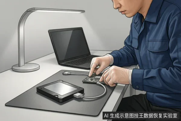 一名身穿蓝色工装、佩戴白色防静电手套的技术人员正在工作台上操作。他手持一块连接着数据线的3.5英寸机械硬盘,旁边放置着一台笔记本电脑和一盏台灯,呈现出专业硬件检测或数据恢复的维修场景。