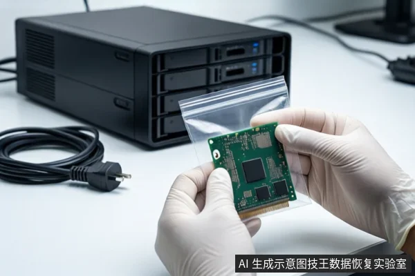 白色桌面上，一双戴白色手套的手正握持一个透明自封袋，袋内装有一块带有黑色芯片的绿色电路板。背景左侧是一台黑色多盘位存储设备，前景有一卷盘绕的黑色电源线。
