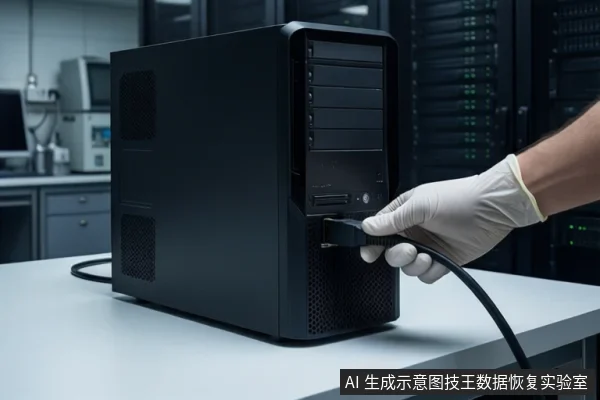 白色桌面上放置一台黑色台式主机,右侧一只戴白色手套的手正握持黑色线缆插头,将其插入主机前部接口。背景为模糊的服务器机柜。