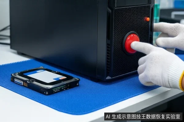 蓝色防静电垫上平放一块裸露的机械硬盘,右侧黑色主机侧面,一只戴白色手套的手正按压红色圆形按钮。