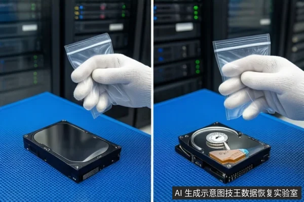 蓝色防静电垫上平放一块裸露的机械硬盘，右侧一双戴白色手套的手正握持一个空的透明自封袋，背景为模糊的服务器机柜。