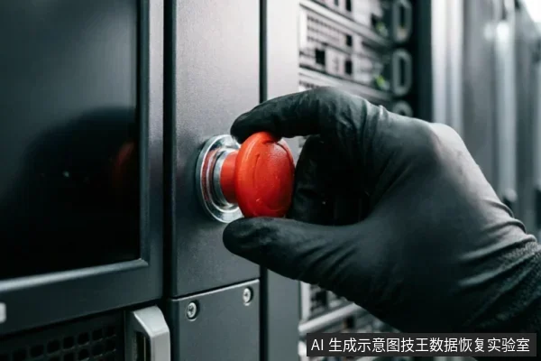 一只戴着黑色防护手套的手正在操作服务器机柜上的红色紧急停止按钮,背景为模糊的机架设备。画面特写展示了按下急停开关的动作,象征对设备的强制断电或紧急制动。