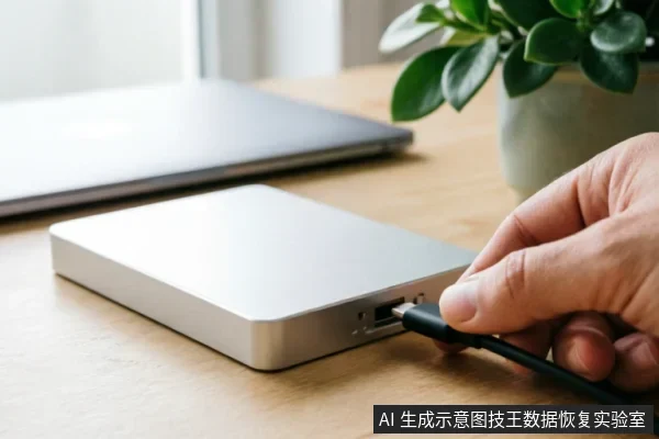 一只手正在将黑色数据线插入银色金属外壳的移动硬盘接口,背景为木质桌面、闭合的笔记本电脑及绿色盆栽。画面清晰展示了外部存储设备连接电脑的操作场景,无文字或乱码。