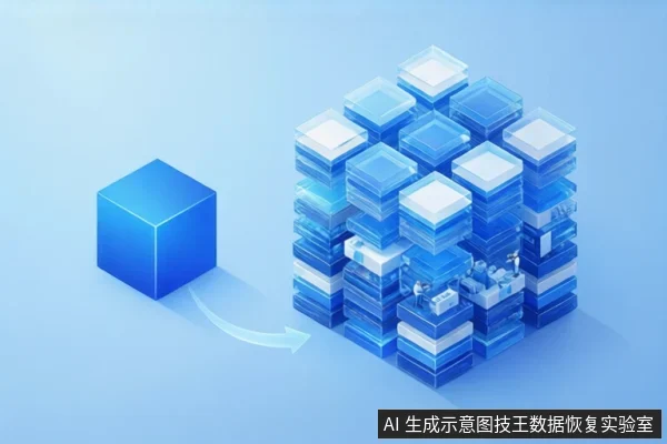 浅蓝色背景上,左侧一个蓝色立方体通过箭头指向右侧由多个半透明蓝色方块堆叠成的阵列,阵列内部可见小型机械结构。
