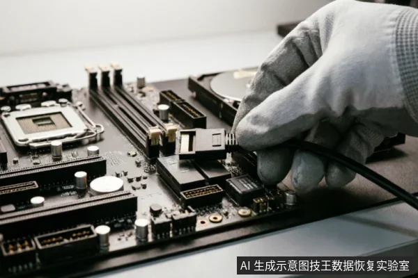 一只戴着防静电手套的手正将SATA数据线插入主板接口，背景中可见硬盘与CPU插槽。画面展示了检查物理连接链路的操作细节，对应段落中关于排查外部连接、确认线缆稳固性的技术步骤。