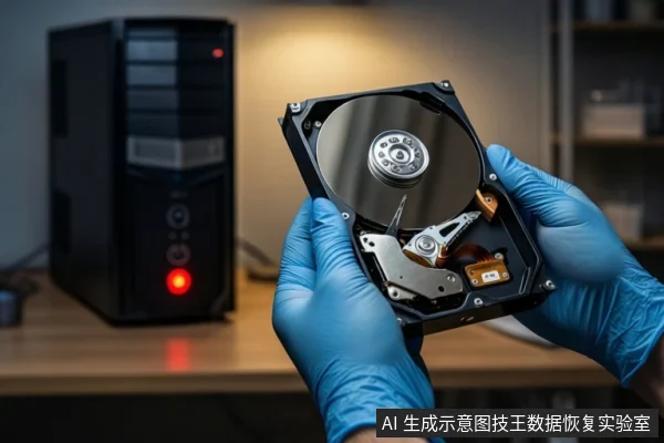 戴蓝色手套的双手在室内台灯背景下持握一块打开外壳的机械硬盘,可见盘片、主轴和磁头臂,左侧背景有一台亮着红灯的黑色塔式主机。