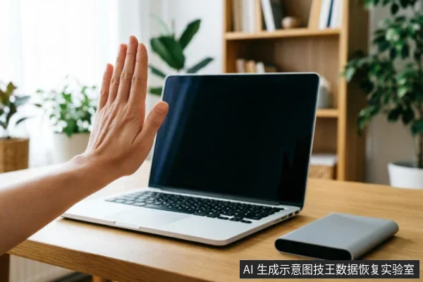 一只手掌在木质桌面上做出拒绝的手势，挡在一台打开的笔记本电脑前方，旁边放置着一个银灰色的移动存储设备。背景为明亮的室内环境及书架绿植，画面直观传达了停止操作或拒绝使用的意图。
