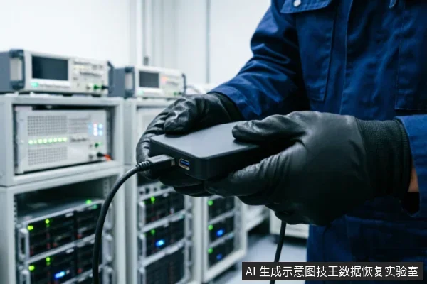 身穿蓝色工装、戴着黑色防静电手套的技术人员,在服务器机柜背景前手持一个连接着数据线的黑色移动硬盘盒,展示专业硬件检测或数据恢复的操作场景。