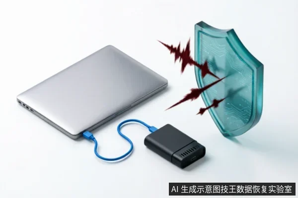 图片展示了一台银色笔记本电脑通过蓝色数据线连接着一个黑色外接存储设备。在设备右侧悬浮着一面带有电路纹理的半透明青色盾牌，正抵挡住数道红色的尖锐声波或能量冲击。画面象征着对外接硬盘的数据保护与安全隔离机制。