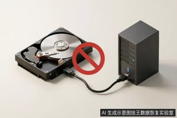 画面展示了一块打开外壳的机械硬盘通过数据线连接至黑色多盘位存储设备,连接处覆盖有醒目的红色禁止符号。该图像直观示意在硬盘故障或无法读取时,应立即停止操作并断开物理连接,防止数据进一步受损。
