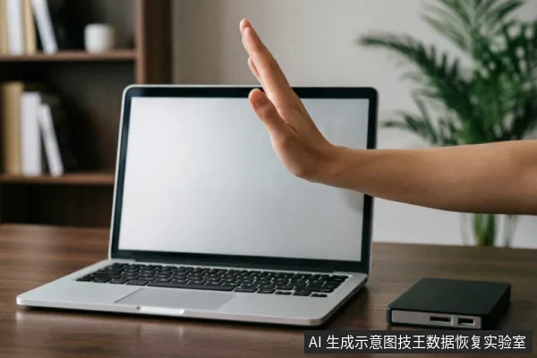 一只手掌在银色笔记本电脑屏幕前做出明显的“停止”手势,桌面右侧放置着一个黑色的外接移动硬盘。背景为模糊的书架与绿植,整体画面传达出紧急暂停、禁止操作或拒绝通电的视觉信号。