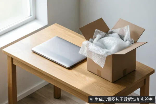 木质桌面上放置着一台闭合的银色笔记本电脑，旁边是一个打开的棕色瓦楞纸箱，箱内填充着白色的气泡缓冲膜。画面展示了设备被妥善包装或准备寄出的状态，暗示将存储介质安全移交至专业机构的过程。