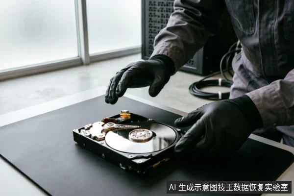 一名佩戴黑色防静电手套的技术人员正在黑色工作垫上检查一块已打开外壳的机械硬盘。画面清晰展示了裸露的磁盘盘片与磁头组件,体现了专业数据恢复环境下的硬件级检测操作。