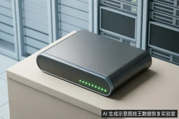 一个深灰色金属质感的矩形存储设备放置在米色台面上，正面有一排亮起的绿色状态指示灯。背景为模糊的服务器机架环境，整体呈现出专业数据恢复实验室或机房的工作场景氛围。