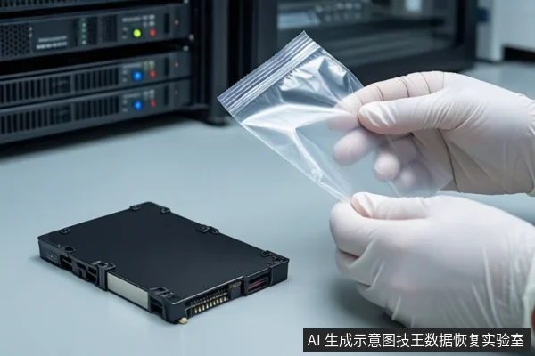 灰色桌面上平放一块黑色固态硬盘,右侧一双戴白色手套的手正握持一个空的透明自封袋,背景为模糊的服务器机柜。