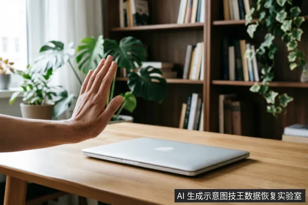 一只手掌在木质桌面上做出停止的手势,掌心面向前方,阻挡在闭合的银色笔记本电脑前。背景为模糊的书架和绿植,营造出拒绝操作或暂停工作的氛围,形象地表达了在硬盘故障时立即停止写入、保护数据安全的警示原则。