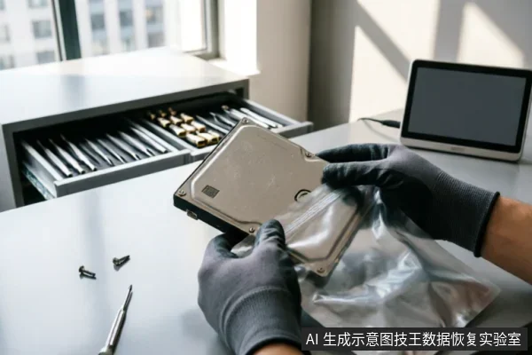 画面中一名佩戴黑色防静电手套的工程师正双手持握一块银色机械硬盘,将其放入透明防静电屏蔽袋中。背景可见装有精密螺丝刀的工具抽屉及一台平板电脑,桌面上散落着拆卸下的螺丝与工具。
