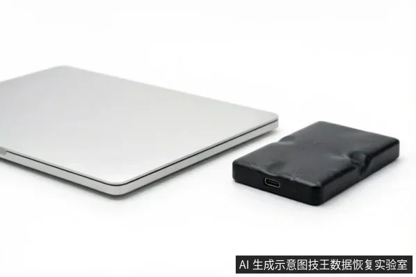 白色背景上放置着一台闭合的银色笔记本电脑和一个黑色移动硬盘。该移动硬盘外壳出现明显的严重凹陷与变形,表面有挤压痕迹,直观展示了存储设备遭受外力损伤后的外观状态。
