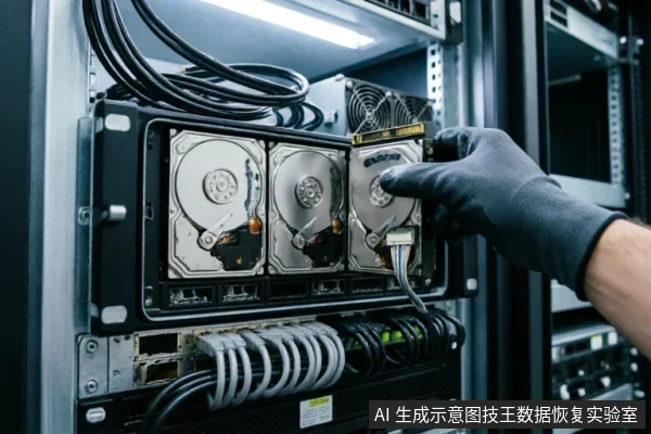 画面展示了一只戴着黑色防静电手套的手,正在从服务器机架的硬盘托架中取出或安装一块机械硬盘。背景可见整齐排列的数据线缆和散热风扇,呈现出专业数据中心或硬件维护环境的场景。