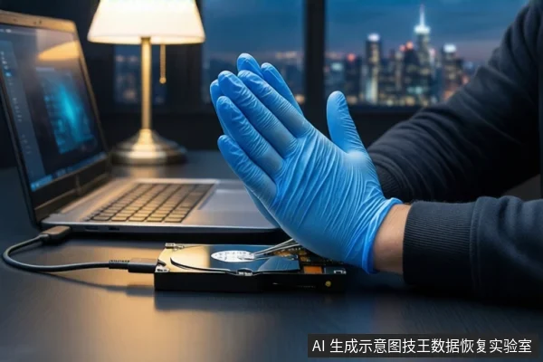 深色桌面上，左侧有一台打开的笔记本电脑，中间平放一块打开外壳的机械硬盘，右侧一双戴蓝色手套的手悬停在硬盘上方，背景为模糊的城市夜景和台灯。
