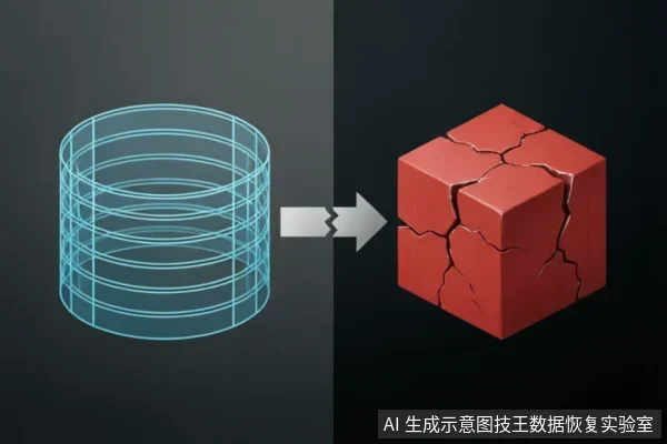 左侧为一个青色线框圆柱体，象征逻辑结构或数据库；中间箭头断裂指向右侧一个表面布满裂纹的红色立方体，象征物理损坏或介质故障。画面直观展示了从逻辑状态到物理损毁的转变过程。