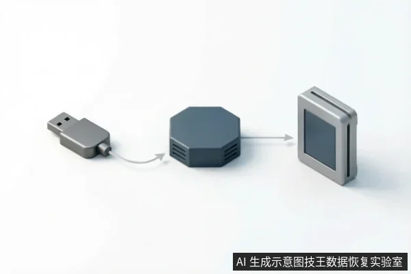 图片展示了数据恢复的外部连接链路示意图。左侧为USB接口，通过箭头指向中间的八边形信号转换或隔离设备，再指向右侧的存储介质适配器。该图用于说明在排查硬件故障时，应优先确认外部连接链路的稳定性与完整性。