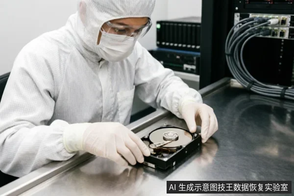 画面展示了一位身穿全套白色防尘服、佩戴护目镜和口罩的专业人员,在洁净室的不锈钢工作台上双手操作一块已打开外壳的机械硬盘。背景可见服务器机柜与线缆,体现了数据恢复过程中对无尘环境的严格要求及精密硬件的操作场景。