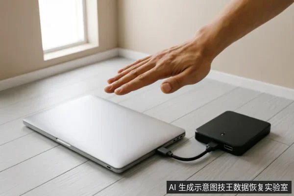 银色笔记本电脑通过数据线连接黑色外接硬盘盒,一只手悬停在设备上方做出停止或拒绝的手势。画面直观传达了在硬盘故障时立即停止通电操作、保持现状并避免进一步干预的警示含义。