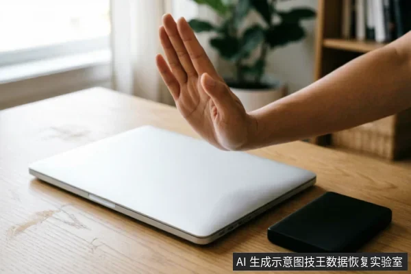 一只手掌在闭合的笔记本电脑和黑色移动硬盘前做出停止手势,示意立即中断操作。画面背景为木质桌面与绿植,主体清晰,无屏幕文字或乱码,生动传达了数据丢失时应停止写入、避免进一步损坏的警示含义。