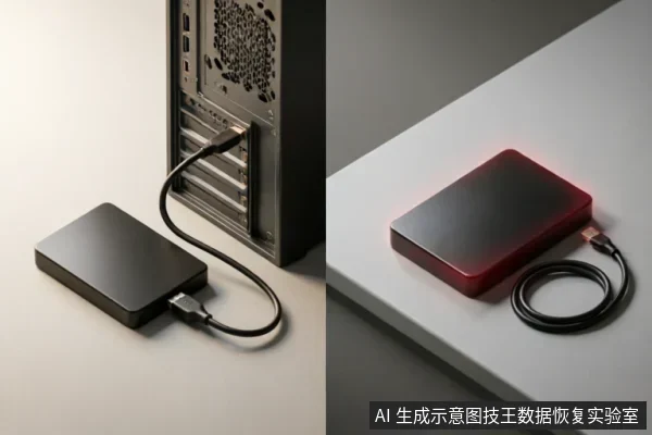 图片分为左右两部分,左侧展示黑色移动硬盘通过USB线连接至台式机后置接口,右侧展示红色移动硬盘连接线缆静置于桌面。画面清晰呈现了外部连接链的物理状态及不同接口的使用场景,无多余文字。